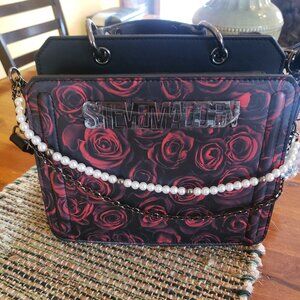 Steve Madden Bevelyn Womens Red Rose Print Crossbody Bag Pearl Chain Handle